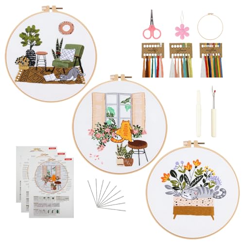 Image of olhuvs 3 Set Stitches Practice Kit, Embroidery Kit for Beginners DIY Starter Set with Stamped Flower, Colorful Threads, Tools, Step by Step Instructions (F)