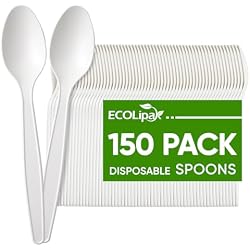 ECOLipak 150 Pack 7 Inch CPLA Disposable Compostable Spoons for Party | Plastic Cutlery, Heavy Duty, Biodegradable Utensils, Bio based Silverware Utensils for BBQ, Picnic, Dinner