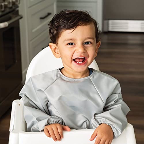 Tiny Twinkle Mess Proof Baby Bib, 2 Pack Long Sleeve Bib Outfit, Waterproof Bibs For Toddlers, Machine Washable, Tug Proof (Grey Indigo, Small 6-24 Months) #TOP2