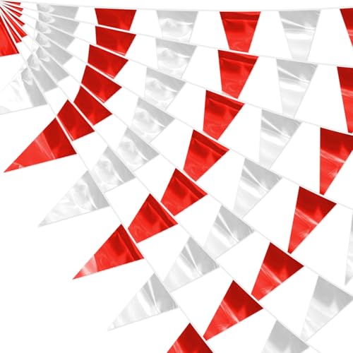 Image of 65FT Red Silver Glitter Triangle Pennant Banner Flag Metallic Bunting Fabric Garland for Christmas Graduation Wedding Engagement Anniversary Bachelorette Bridal Shower Valentine's Party Supplies