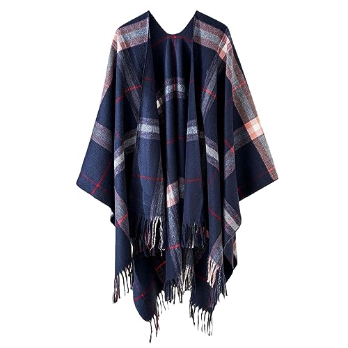 Poncho con flecos a cuadros para mujer bufanda de abrigo cálido para otoño e invierno