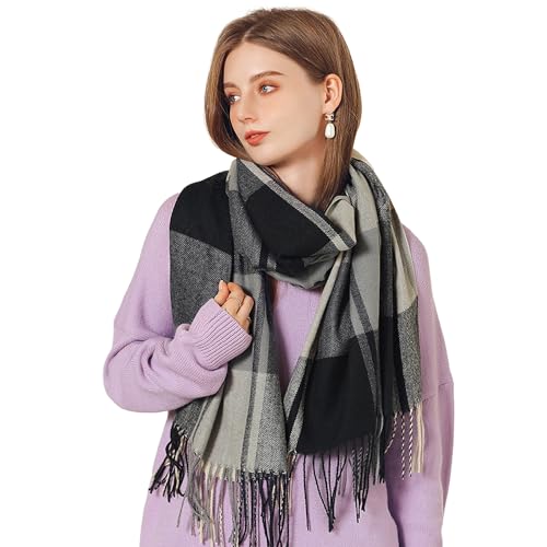 Figarge Karierter Schal für Damen und Herren – Herbst-Winterschal Mit Fransen, Weicher als Kaschmir, Warmer Plaid Schal (65 * 185CM, Schwarze Tinte)