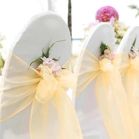 BIT.FLY 25 Pcs Organza Chair Sashes for Wedding Banquet Party Decoration Chair Bows Ties Chair Cover Bands Event Supplies - Gold Cover