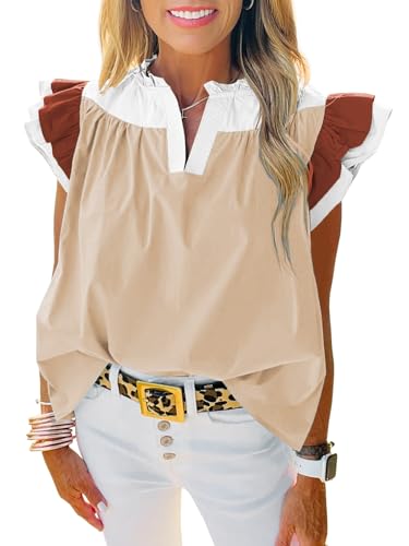 Image of Tankaneo Womens Color Block Ruffle Top Summer Puff Sleeve V Neck Blouse | Summer Casual Dressy Tank Tops, V Neck, Pleated Blouse, Loose Fit, Sleeveless