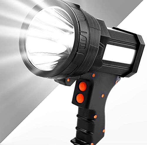 Super Bright Handheld Spotlight 6000 Lumens Rechargeable Flashlight 9600 mAh Rechargeable Long-Lasting LED Searchlight Hunting Spotlight with USB Output Function IPX4 Waterproof (Black)