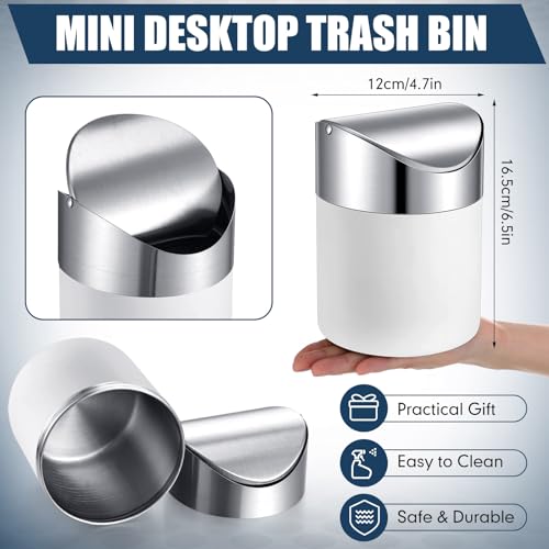 Yiyiring 2 Pcs Desk Trash Can with Swing Lids, 12 Rolls of Trash Bags, 2L Brushed Stainless Steel Countertop Garbage Bin Small Wastebasket with Lid for Office Desk, Coffee Table(Matte White) by Yiyiring - Image 2