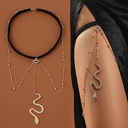 Yqz Bohemian Boho Gold Color Metal Beaded Chain Thigh Chain,Snake Thigh Chain Jewelry for Women,Glitter Rhinestone Body Chain,Thigh Chains for Women Sexy Cover