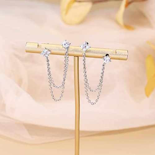 KRFY Chain Stud Earrings S925 Sterling Silver for Women Girls 18K Gold Plated Minimalist Climber Crawler Tassel Chain Dangle Drop Earring Studs Piercing with Sparkling Crystal CZ for Sensitive Ears