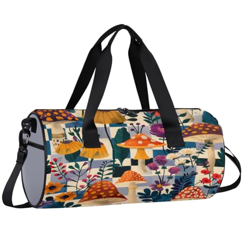 Mushroom Flower Round Barrel Sports Fitness Bag, Travel Luggage Bag, Reusable Handbag, Suitable For Men and Women