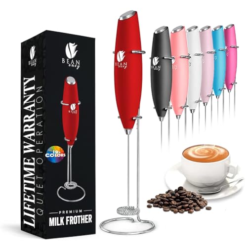 Bean Envy Milk Frother Handheld, Perfect for The Best Latte - Whip Foamer - Includes Stainless Steel Stand - Red