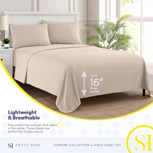RV Queen Bed Sheets - Breathable Luxury Sheets with Full Elastic & Secure Corner Straps Built In - 1800 Supreme Collection Extra Soft Deep Pocket Bedding Set, Sheet Set, RV Short Queen, Beige