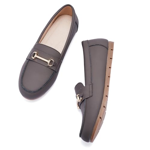 Image of Genuine Leather Loafers for Women Driving Moccasins Business Casual Work Shoes Comfortable & Lightweight Womens Dress Flats Slip On Shoes