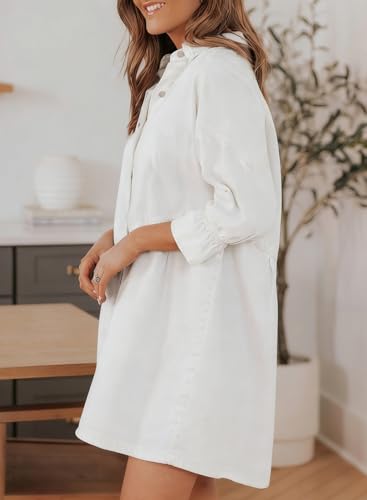Image of Sidefeel Womens Smocked 3 4 Sleeve Button Down Denim Jeans Dresses