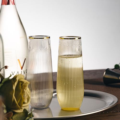 HOMIP 36pcs Plastic Champagne Flutes with Gold Rim - 9oz BPA-free Disposable Champagne Glasses, Ribbed Ripple Design for Weddings, Parties, Bars & Events (Stemless, Durable) by HOMIP - Image 6