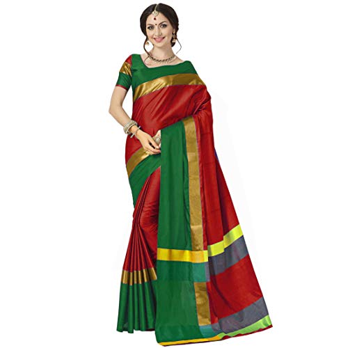 Image of ANNI DESIGNER Cotton Saree with Blouse Piece (Pack of 2) (Combo Pink Bluen - orange khamba Red Green & Orange Free Size)