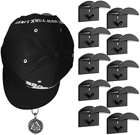 MOSTRUST Upgraded Adhesive Hat Hooks for Wall Mount with Screws(10-Pack), Hat Rack Special for Baseball Caps, Hat Hangers Holder Storage Organizer for Room Decoration(Black)