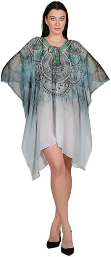 RAVI RAJORIA Women Short Crepe Kaftan Dress Free Size | Multicolor Printed Nightwear