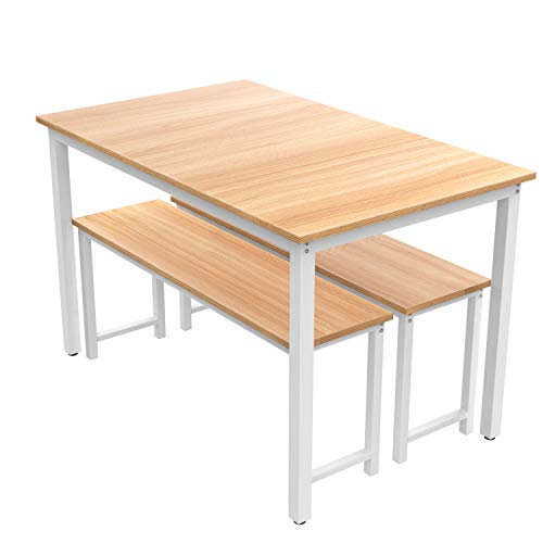 AWQM Dining Room Table Set, Kitchen Table Set with 2 Benches, Ideal for Home, Kitchen and Dining Room, Breakfast Table of 47.2x28.7x29.5 inches, Benches of 41.3x11.8x17.7 inches, Beige