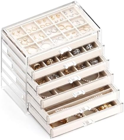 GlowSai Acryl Schmuck Organizer Schmuckaufbewahrung Schmuckkästchen mit 4 Schubladen für Ohrringe, Ringe, Armbänder (Warmweiß, 4)