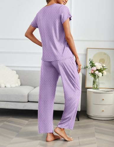 Image of Ekouaer 2 Pack Pajamas for Women Set Short Sleeve Sleepwear Top and Pants Pjs Soft Printed Lounge Sets with Pockets Purple Dots /Navy Blue Moon Small