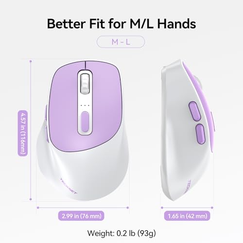 TECKNET 3-Device Wireless Mouse, Rechargeable Dual-Mode (2.4G & BT 5.0), Silent USB-A & Bluetooth Mouse, 6-DPI up to 4800, Wide Compatibility - Purple and White — view 2