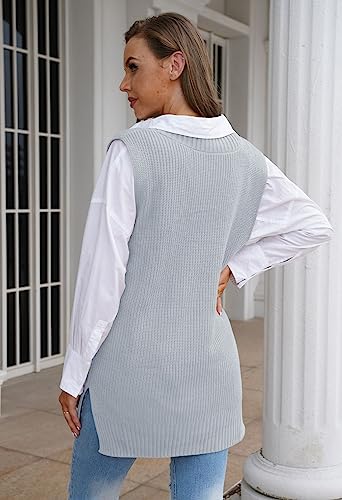 Kisscynest Women's V Neck Loose Knitted Long Sweater Vest Casual Sleeveless Sweater Pullover Gray M #TOP3