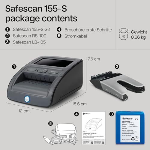 Safescan 155-S Complete autom. Geldscheinprüfer zur schnellen Überprüfung von Geldscheinen - Falschgeldprüfgerät mit 7-facher Echtheitsprüfung - 100% genaues Prüfgerät inkl. Akku & Banknotenstapler