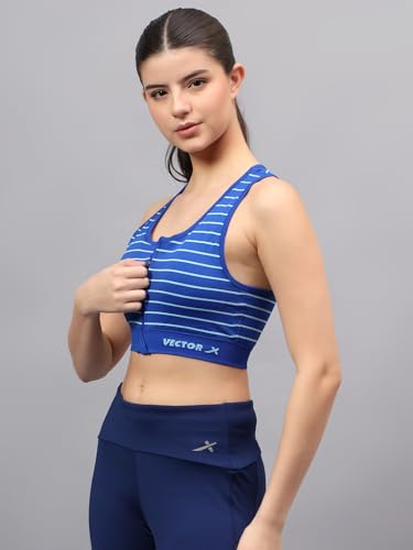 Image of Vector X OSB-411 Women Premium Seamless Non-Padded Striped Pattern Sports Bra for Gym Workout, Yoga, Running Scoop Neck Elastic Bottom Band Support Full Coverage|Breathable|Lightweight (Royal Blue)
