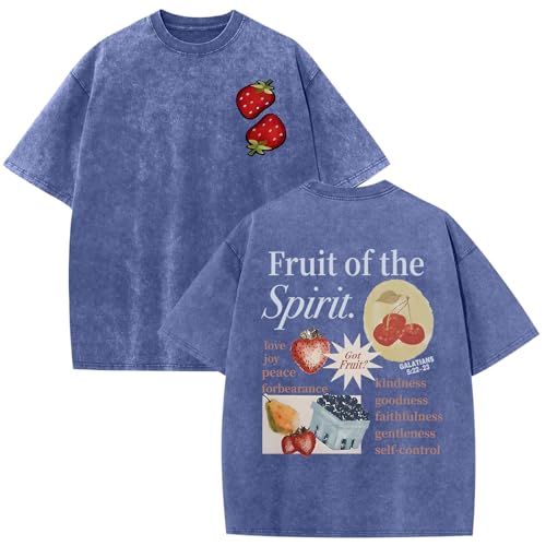 Lytiarul Christian Fruit of The Spirit Shirt for Men Jesus Religious Shirts Oversized Graphic Tees Acid Wash God T-Shirt Tops(Blue,S)