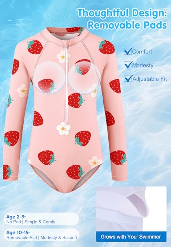 Image of Zando UPF50+ Girls Long Sleeve One Piece Swimsuit with Zipper - Rash Guard for Teens Toddler Kids 2-15 Years