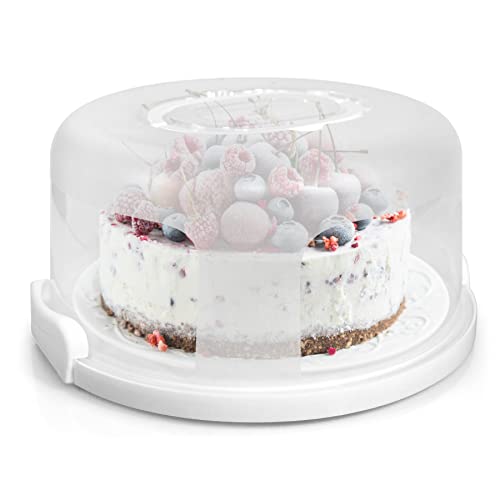 Hoya Ponyoo Portable Cake Carrier With Handle, Round Cupcake Holder With Lid, Plastic Storage Container Box Fit 10 Inch Cake, 3-Locking Muffin And Pies Keeper With Cover (White) #TOP26