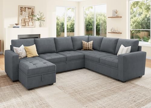 Image of HONBAY Modular Sectional Couch with Pull Out Bed Sleeper Sofa with Storage U Shaped Modular Sectional Couches for Living Room,Warm Bluish Grey
