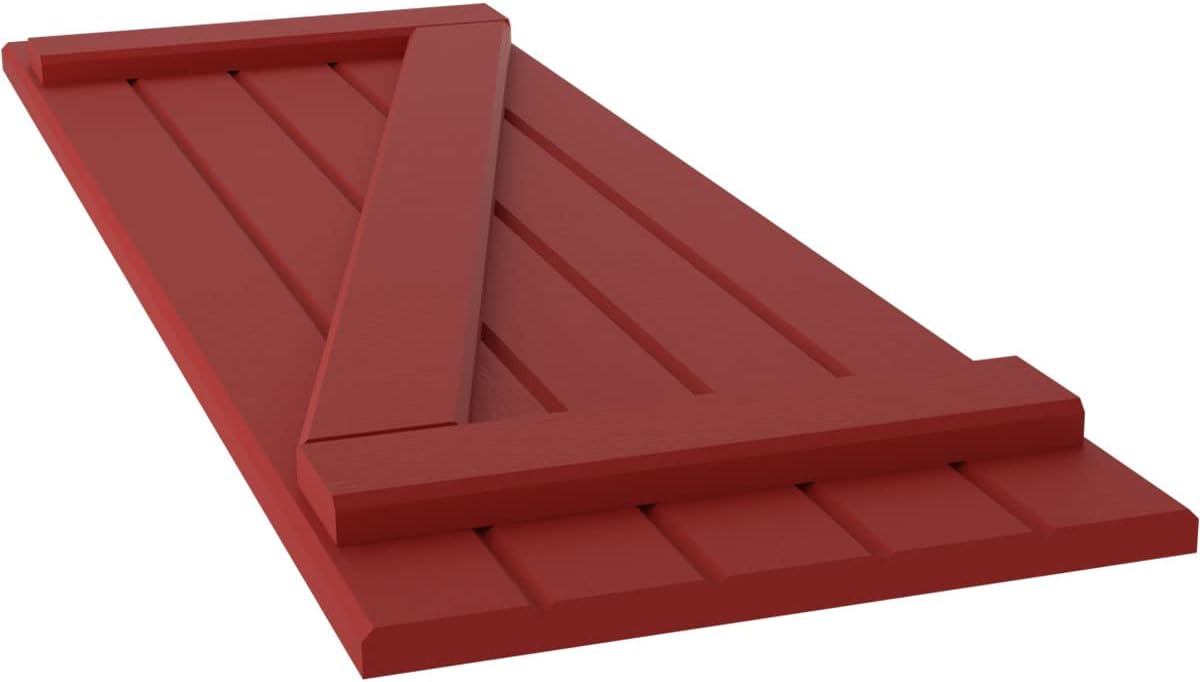 17 1/2"W x 58"H Americraft Five Board (2 Batten) Exterior Real Wood Joined Board-n-Batten Shutters w/Z-Bar (Per Pair), Fire Red