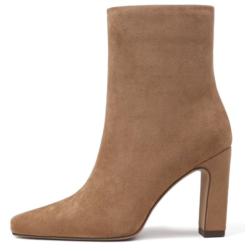Lovee Cosee Brown Suede Ankle Boots for Women 2025 Booties for Women Chunky Heel Square Toe Heeled Boots Comfort Leather Fall Winter Party Office Date Night Travel Casual Outfit Size 6