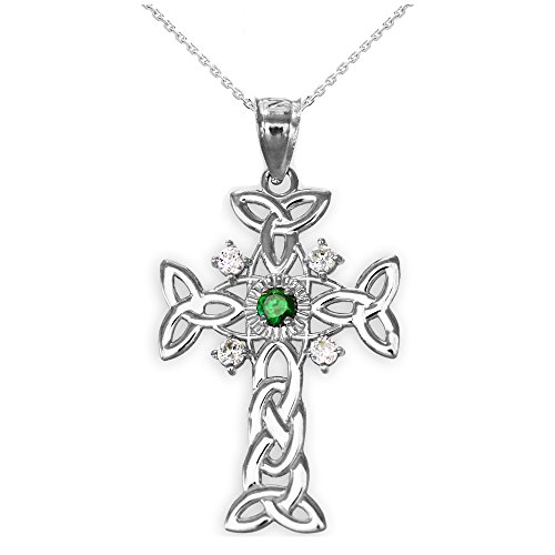 Silver Trinity Knot Diamond Celtic Cross Pendant Necklace with Genuine Emerald, 22\"