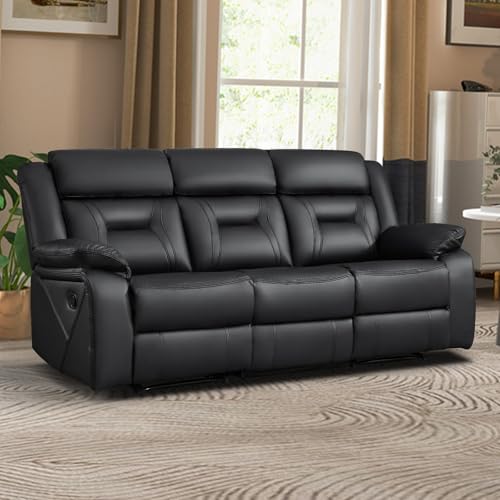 Image of EBELLO Faux Leather Manual Reclining Sofa, 3 Seat Recliner Sofa Chair, Couch Furniture for Living Room, Furniture, Meeting Room, Black (3 Seat Sofa)