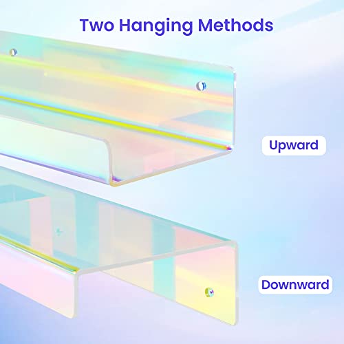 Image of upsimples 4 Pcs 15 inch Iridescent Acrylic Shelves for Wall Decor and Display | Cute Floating Shelf for Perfume, Skincare, Nail Polish, Wall Organizer for Bedroom, Living Room, Playroom, Room Decor