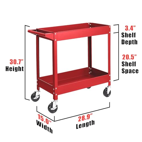 TCE Service Utility Cart Heavy Duty 2 Shelf Tier 300 LBs Rolling Trolley Storage Organizer for Garage Warehouse Workshop, APTC304U , Red
