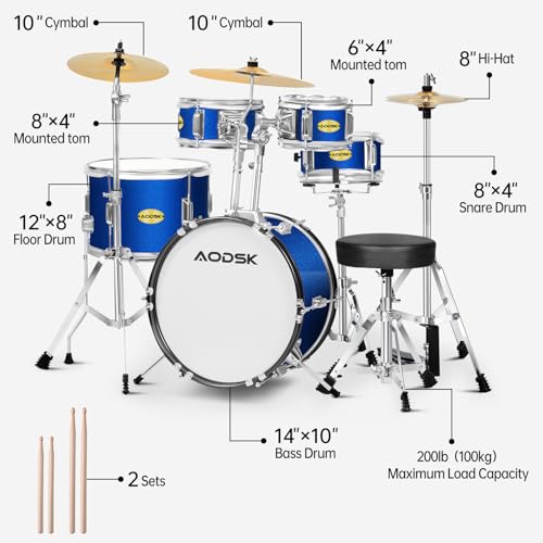 image for AODSK Kid Drum Sets 5-Piece for Beginners, 14 inch Full Size Complete 