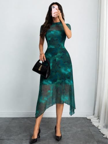 Image of GothDark Women Summer Wedding Guest Floral Mesh Irregular Hem Midi Dress | A-Line, Short Sleeve, Sheer Mesh Overlay, Elegant Vintage Dresses For Party, Semi Formal, Vacation, Dinner, Church