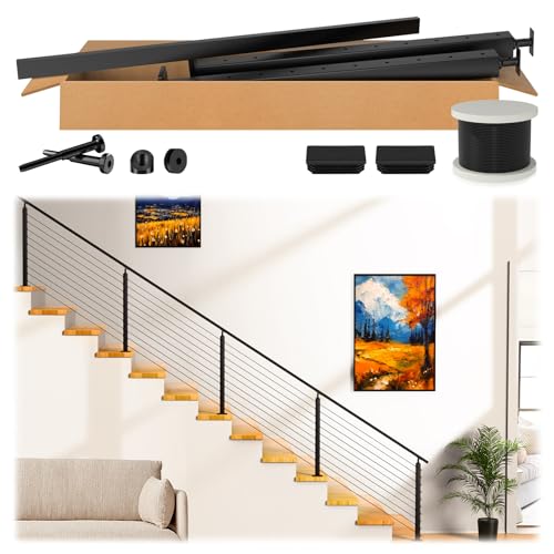 Zylorix 12ft-16ft Complete Set 36' Cable Railing System 33° Drilled with Adjustable Handrail, Black T304 Stainless Steel Angle Cable Railing Posts Kit for 25-35° Stair Railing Indoor Outdoor