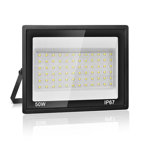 Plazique Projecteur LED Extérieur 50W, 7000K Blanc Froid, 5000LM Super Lumineux, IP67 Étanche, 72 LEDs, Spot Extérieur pour Jardin, Cour, Garage, Allée, Atelier, Couloir et Éclairage de Sécurité
