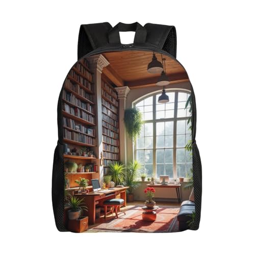 Comfort Fit Unisex Large Room Wooden Beams Bookshelves Filled Books Backpack Durable Daily Commute Travel Adventures 16 in