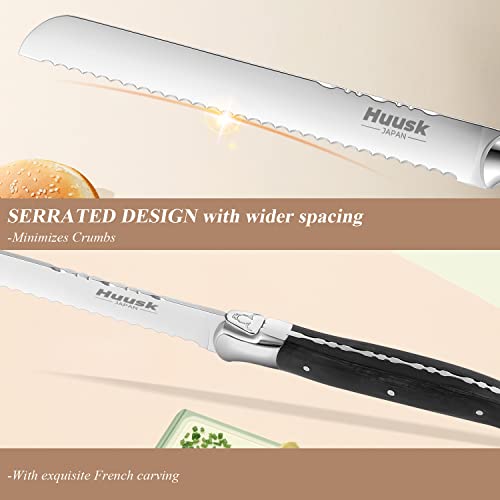Huusk Chef Serrated Bread Knife For Homemade Bread High Carbon Steel Tojiro Knife With Wide Wavy Edge Tomato Knife With French Full Tang Handle Thanksgiving Christmas Gift #TOP3