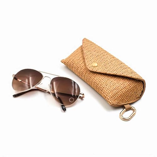 Image of Woven Straw Sunglasses Case, Boho Rattan Soft Bag Eyeglass Travel Glasses Case Hard Shell With Clip Hook, Protective Key Chain Organizer Storage Holder Pouch For Women Men Fashion Accessories Vacation