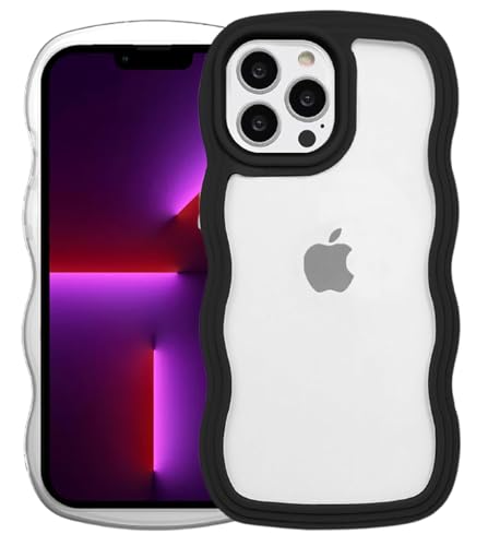 Image of GoldKart iPhone 13 Pro Max Case Wavy Edge Clear Back Design, Anti-Slip Grip Cute Wave Curly Frame Shape Shockproof Soft TPU & Hard PC Bumper Protective Phone Case Cover for Women Girls - Black
