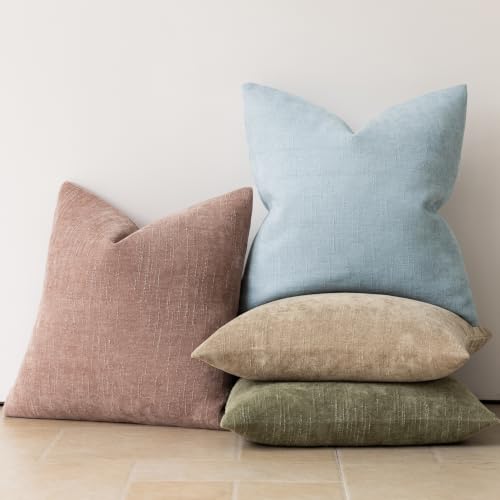 Image of Foindtower Pack of 2 Textured Chenille Throw Decorative Pillow Covers Square Accent Solid Cushion Cover Neutral Farmhouse Modern Pillow Case for Couch Sofa Bedroom Living Room 26x26 Inch,Light Blue