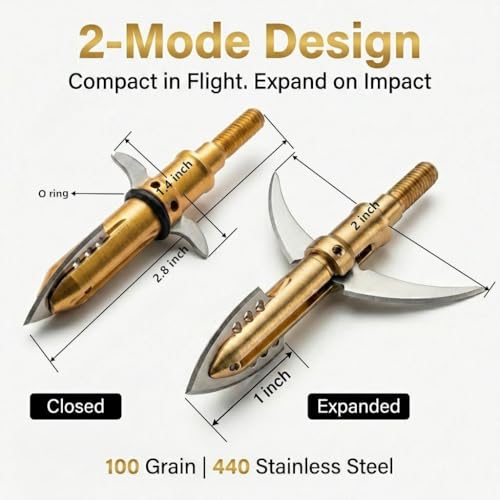 Zorviron 3 Blade Mechanical Expandable Broadheads, O-Ring Retention, 100 Grain 2 Inch Cut, Chisel Hybrid Tip, 8-32 for Crossbow & Compound Bow Bolts, 500 FPS Crossbow Tested, 4 Pack by Zorviron - Image 2