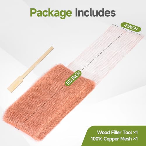 Image of Copper Mesh Rodent Control, 4in x 102ft Premium Copper Wool Ideal for Hole Blocking, Rustproof Pure Mesh for Mice Slug Snail Control, with Exclusive Wood Stick