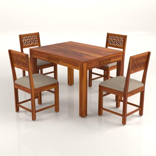 Image of Solid Sheesham Wood 4 Seater Large Dining Table Set with Cushioned Chairs for Dining Room | Living Room | Home & Office | Hotels Restaurant & Cafe (4 Seater Large, Honey Finish)